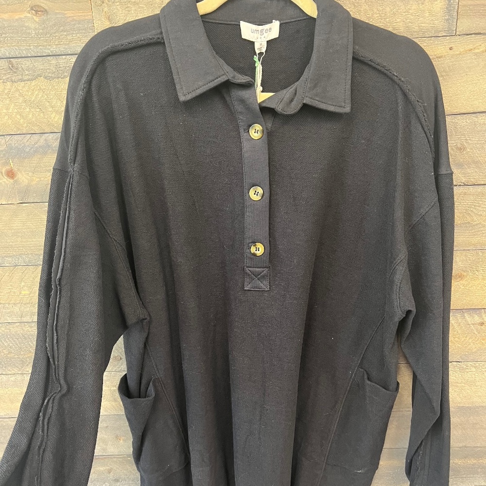 French Terry Collared Button Front Dress with Pockets and Raw Hem